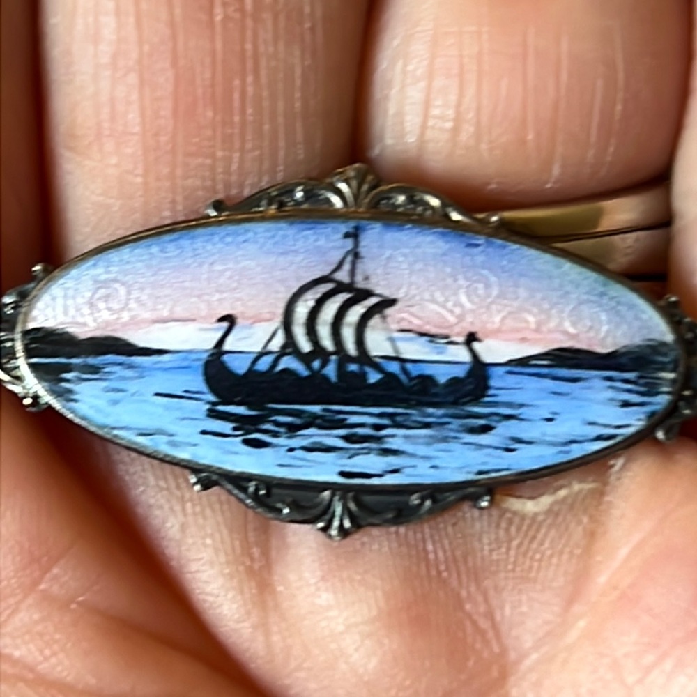 Antique Sterling Silver Scandinavian reverse painted enamel filigree brooch